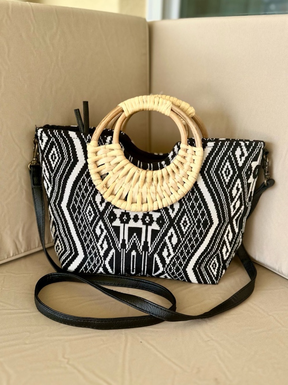 Twig and Arrow Woven Crossbody Tote with Rattan Ring Handles